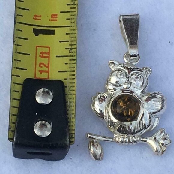Sterling Silver Owl Pendant With Amber Stone - Picture 5 of 7